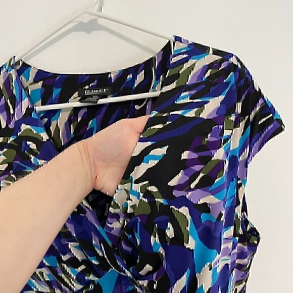 GLAMOUR Plus Size Blue Purple Multi Geometric Surplice Work Midi Fit Flare Dress - Picture 4 of 12